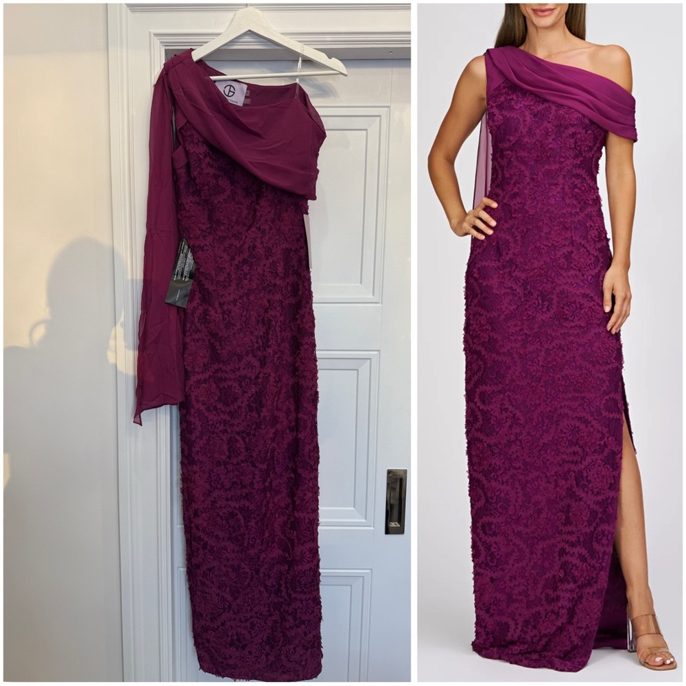 NWT JS COLLECTIONS ELODIE NECK DRAPE GOWN PLUM PURPLE SIZE 2  $298